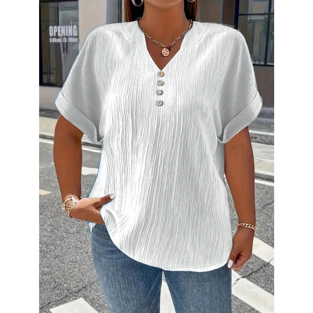 Summer Plus Size Women s Casual T-shirt, European American Style V-neck Short Sleeve Top 1XL белый