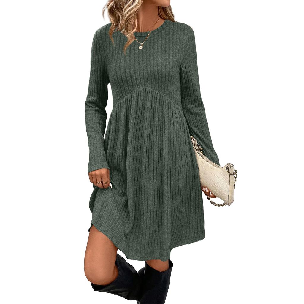 Women's Long-sleeved, Round-neck, High-waisted, Pocketed, Striped Dress