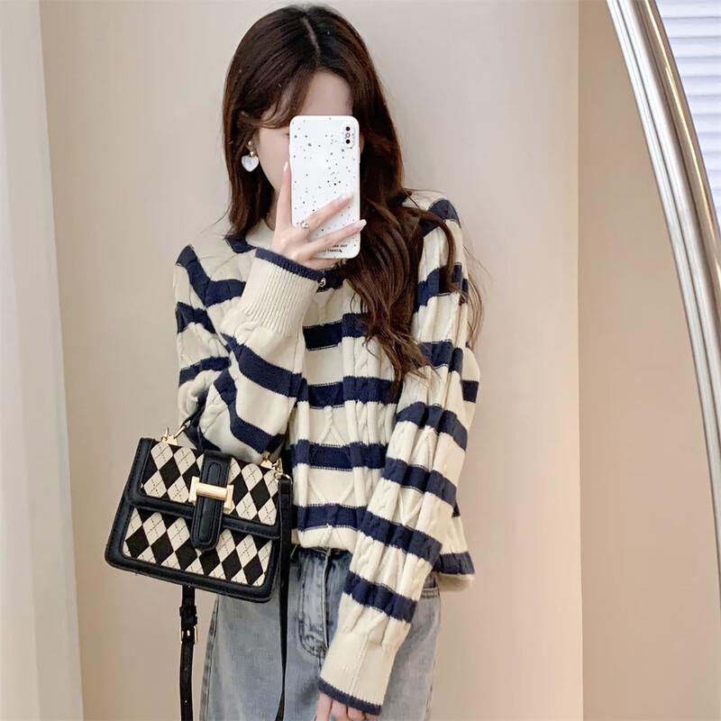 

TonLion Women s Striped Cable Knit Crewneck Sweater M