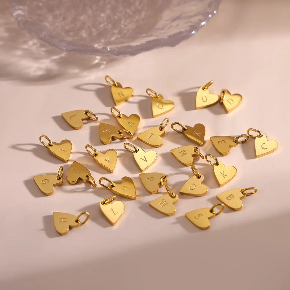 CARLIDANA Gold Plated Stainless Steel 26 Letter Charms Set Heart Bubble Initial A-Z Alphabet Letter Pendants for DIY Jewelry