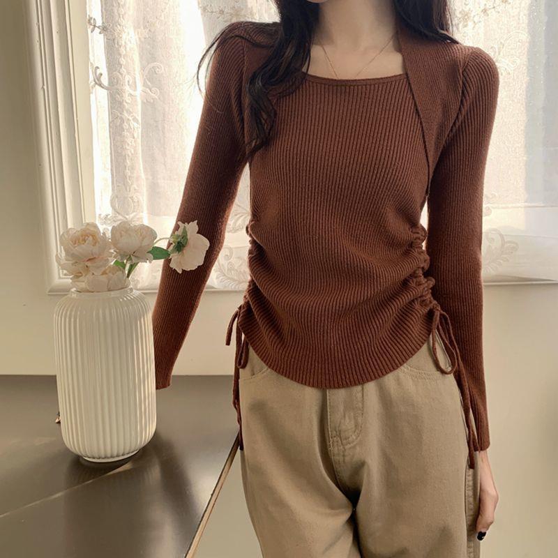 Women s Square Neck Drawstring Knit Sweater - Slimming Long Sleeve Top for Autumn XL (116-125)