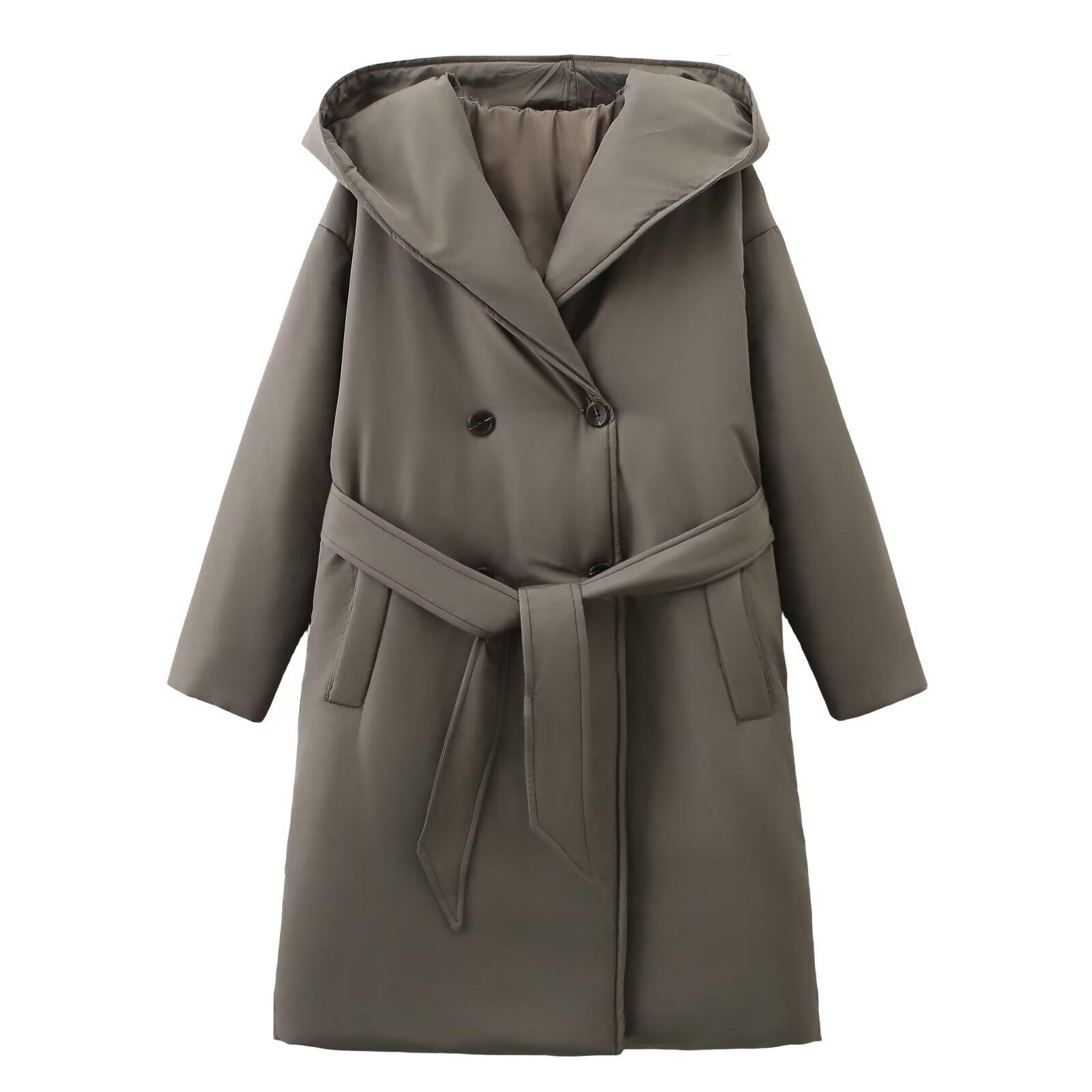 

Европейская и американская женская мода: 2024 Осень/Зима Длинное хлопковое пальто с капюшоном и поясом (23169) M коричневый