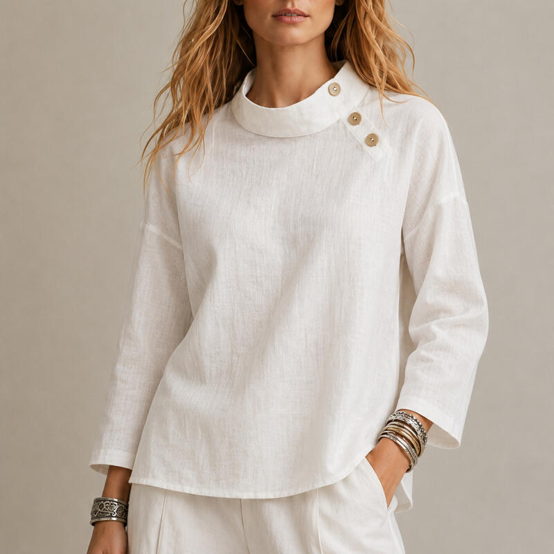 Women s Stand Collar Blouse 3/4 Sleeve Asymmetric Button Loose Casual Solid Shirt XL белый