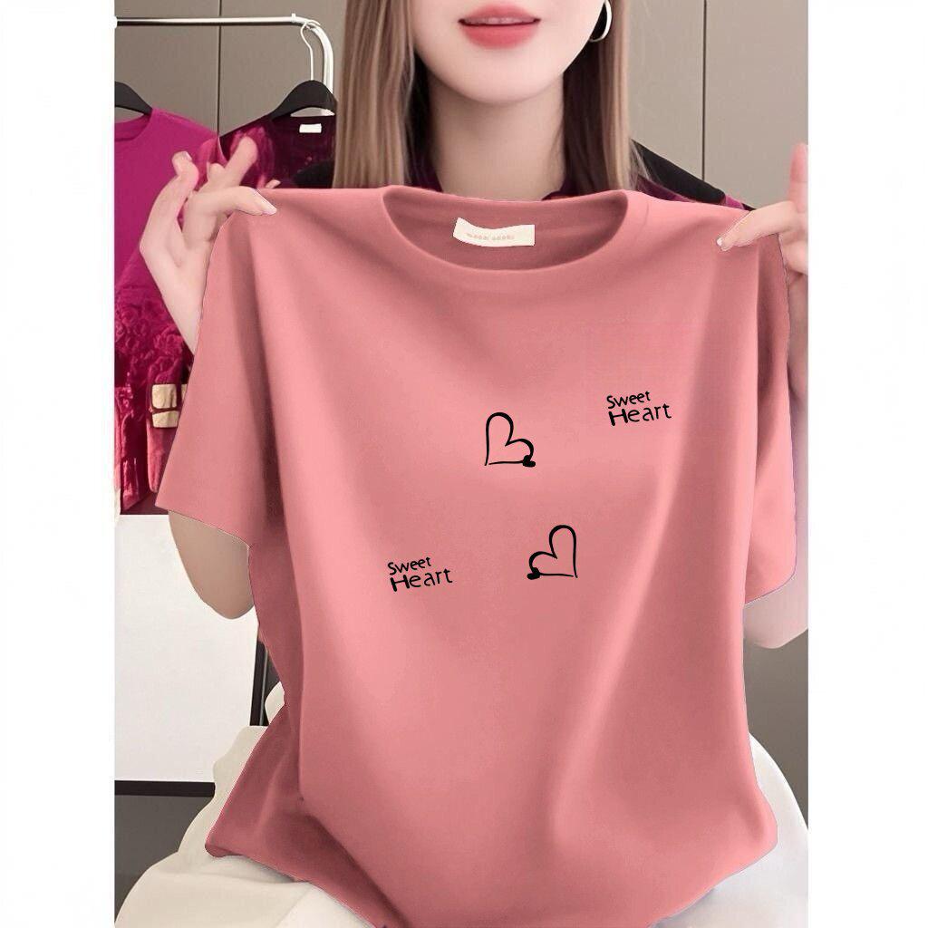 Elegantes Sommer-T-Shirt für Damen mit Herzmuster, lockere Passform, Kurzarm, Rundhalsausschnitt, Große Größen, Lässig Chic.