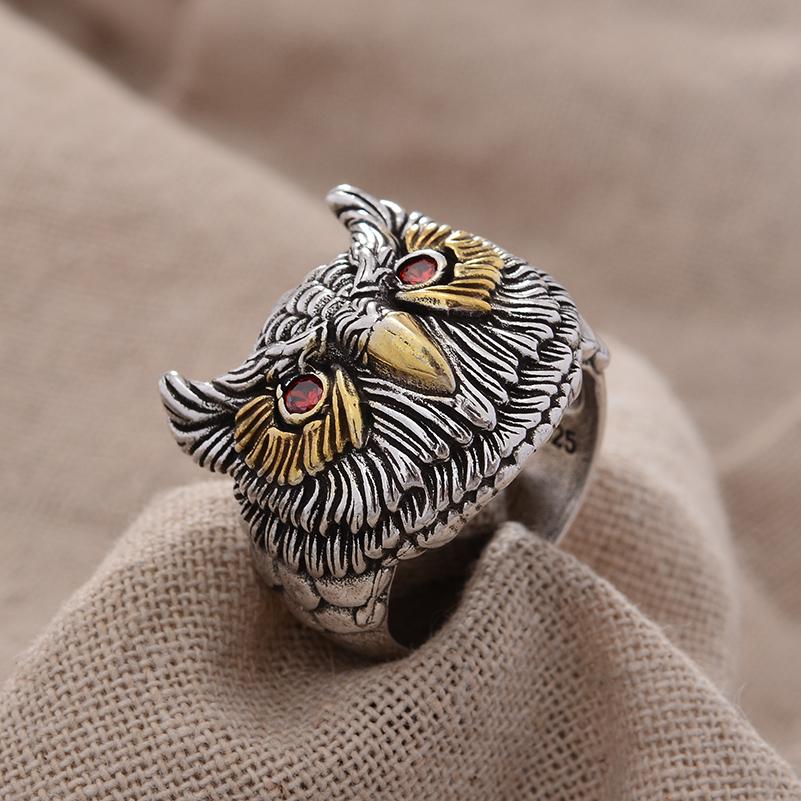 2023 New Design Vintage Owl Animal Red Crystal Eyes Thai Silver Man Ring Wholesale  Cheap Gifts