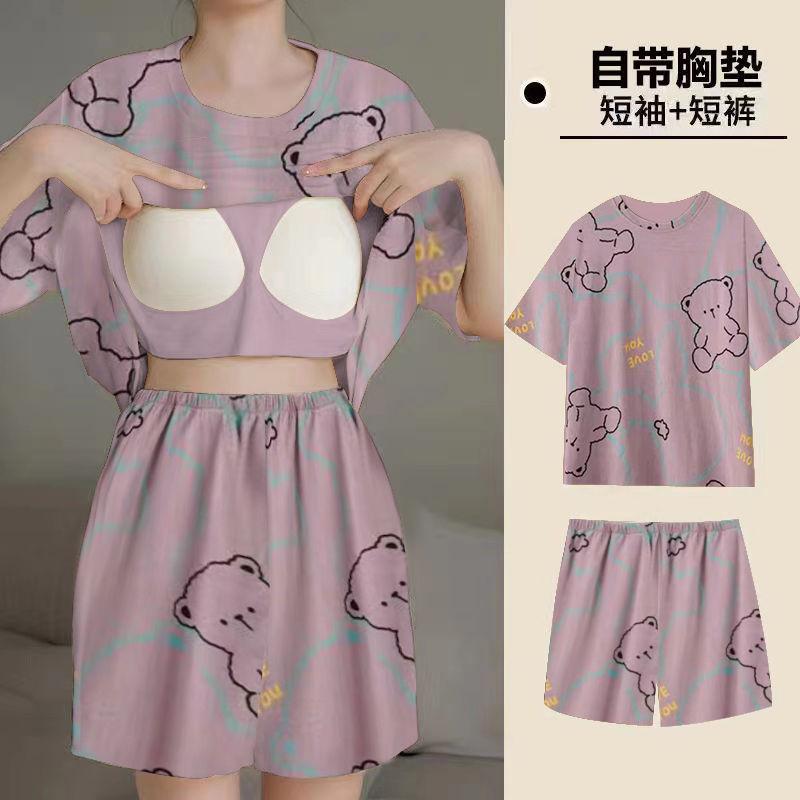 

Pajamas for women in summer purple bear short-sleeved shorts 2024 new home clothing casual large-size set 4XL