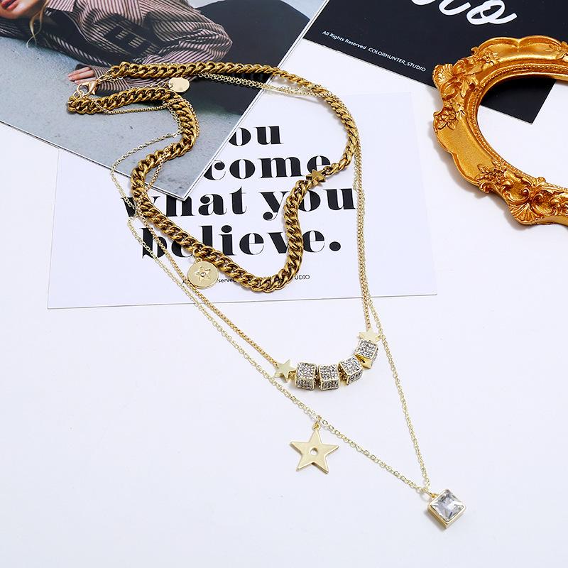 Trendy Multi-layer Cold Style Star Pendant Necklace with Full Diamond Detailing