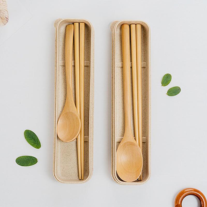 Natural Wooden Spoon With Box Handmade Wooden Fork Chopsticks Dinner Kit Kitchen Accessories