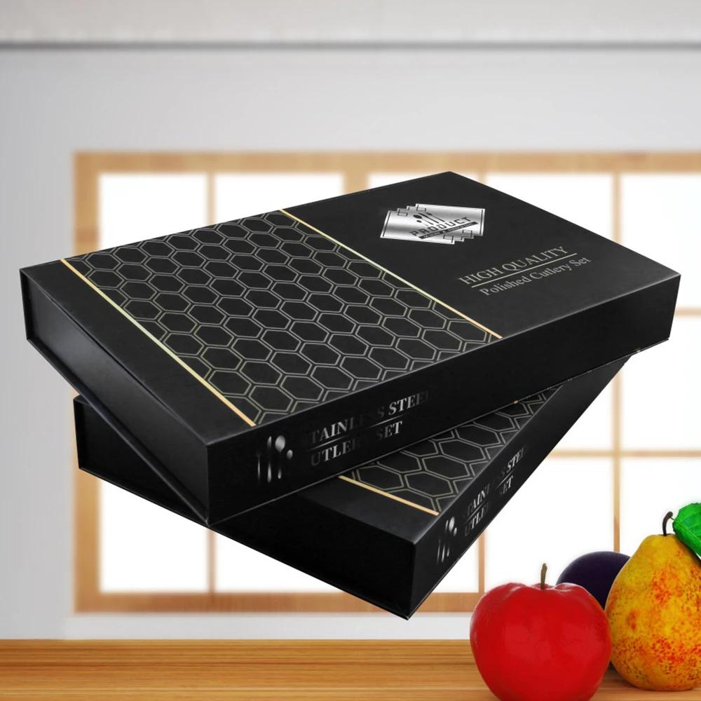 24PCS Gold Cutlery Sets Stainless Knife Forks Spoons Flatware Tableware Set Gift Box Portable Dinnerware Dishwasher Kitchenware