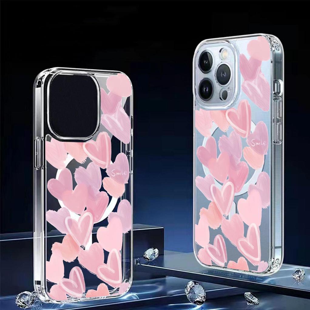 Pink Heart Magnetic Transparent Case for iPhone 15/16/17 Pro Max - Full Coverage Protection