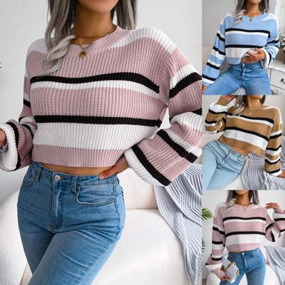 Women's  Winter Top  Style Casual Striped Long Sleeve Crop Knit Sweater