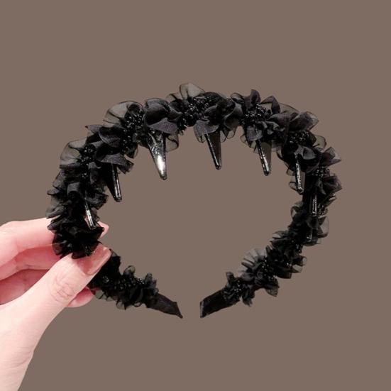 Women Headband Non-Slip Wide Headband with Inverted Tooth Comb Pearl Embellishments Layered Mesh