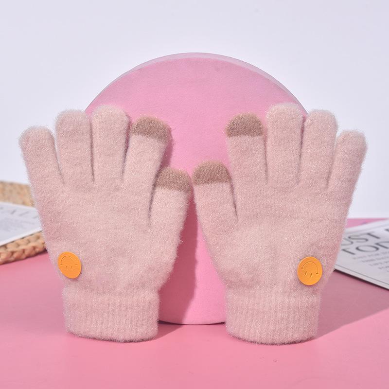 

Children s gloves Thin winter girls fingers Autumn and winter male treasure female universal cartoon smiley face Outdoor knitted gloves Recommended for 2-8 years old