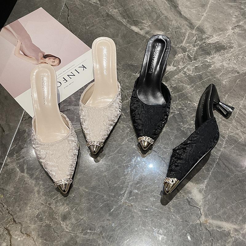 2024 primavera nova bolsa cabeça chinelos de meio pé tamanho pequeno 33 bico fino salto alto agulha moda muller chinelos cool verão feminino