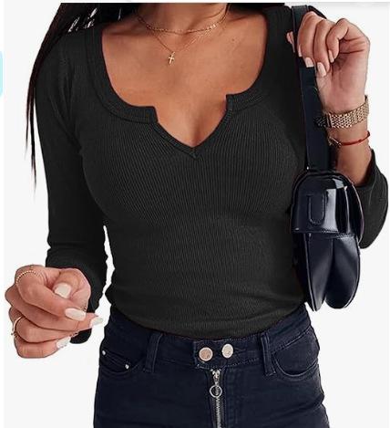 Womens Long Sleeve Ribbed Deep U Neck Casual T Shirt XS