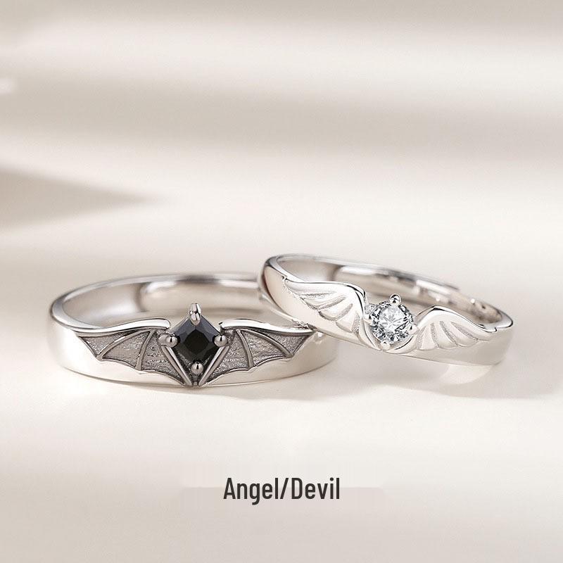 Chao Xiaobai 925 Sterling Silver Angel & Devil Couple Rings, Trendy Open Index Finger Rings for Men & Women Angel