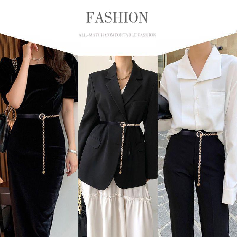 Thin Belt Women Metal Chain Black Pu Leather Splicing Belt Trendy Shirt Decoration Suit Matching All-Match Dress Shirt Chain
