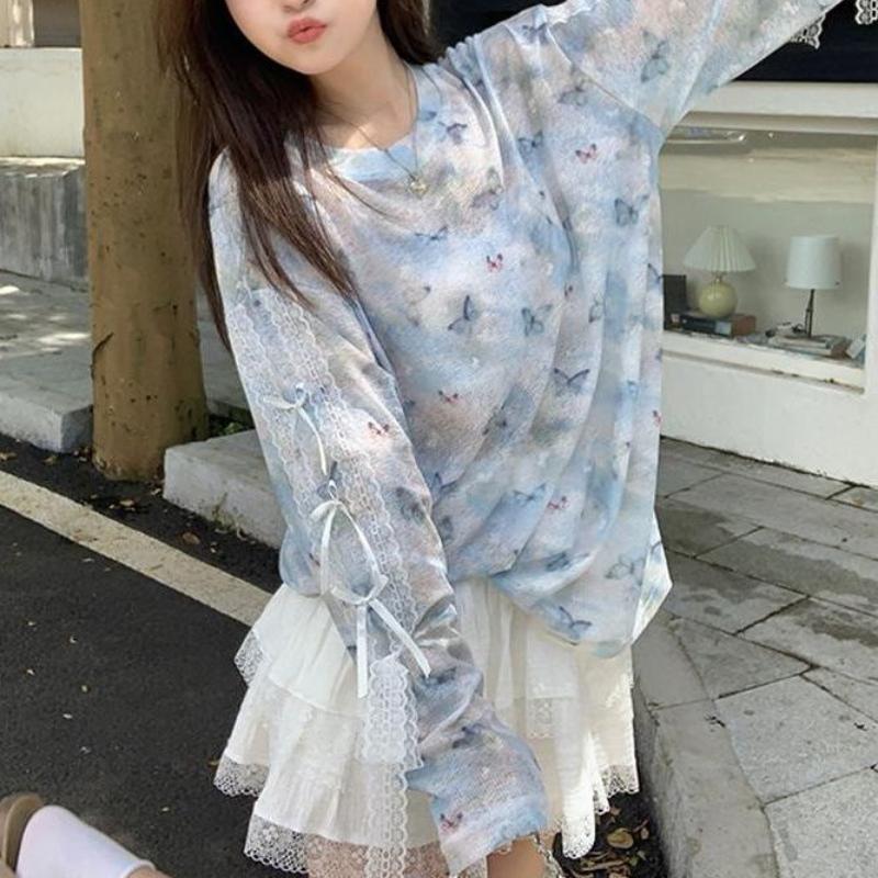 

Женская летняя футболка с длинным рукавом и принтом кружева и банта, защита от солнца, накидка, свободный крой, повседневная, облегающий силуэт, тонкий топ 2XL