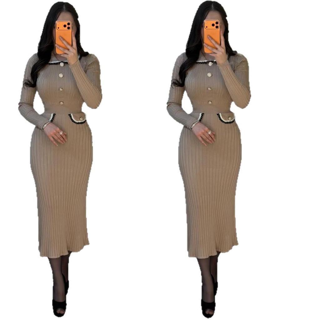 2025 Autumn Women's Slim Fit Long Sleeve Single-Breasted Bodycon Sweater Skirt