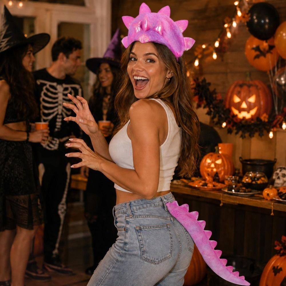 Glitter Spikes Dino Headband Tail Set Plush Dinosaur Dress Up Accessory Halloween
