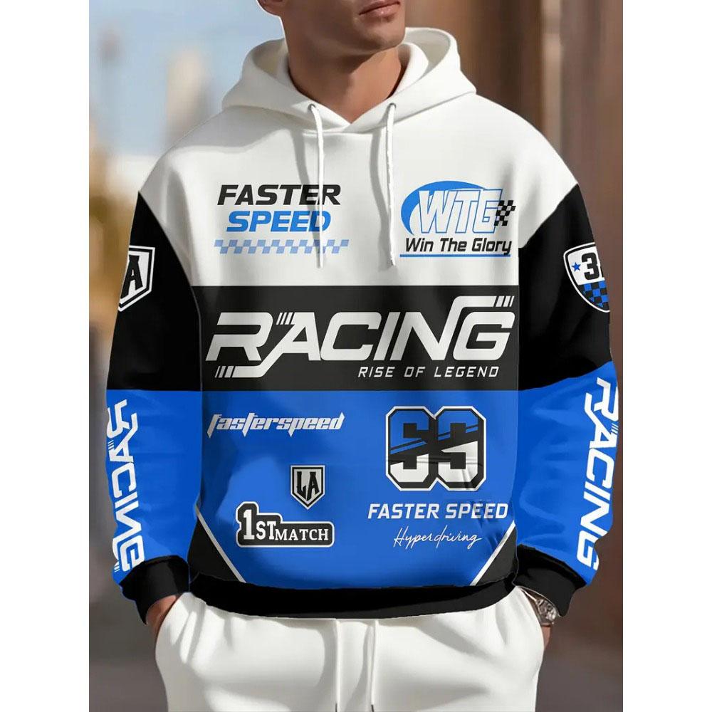 Men's Fashion Cool Racing Hoodies Autumn Outdoor Extreme Sports Hooded Sweatshirt 3D Print Letter Number Graphic Long Sleeve Top
