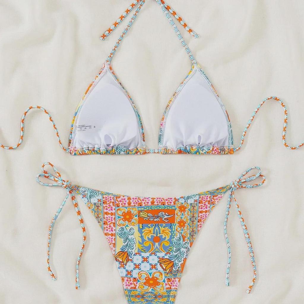 2024 Triangle Cup Printed Lace-Up Bikini Swimsuit for Women