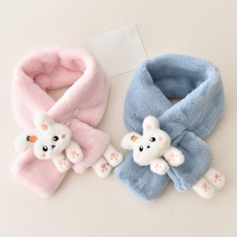 Girls Winter Warm Thicken Scarfs Cartoon Bunny Shape Faux Fur Plush Cross Collar Scarf Shawl Lovely Warm Soft Scarf