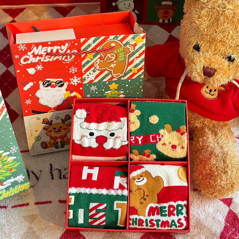 Festive Red Christmas Cartoon Socks Gift Box for Women - Mid-Calf, Cute & Versatile, Autumn/Winter.
