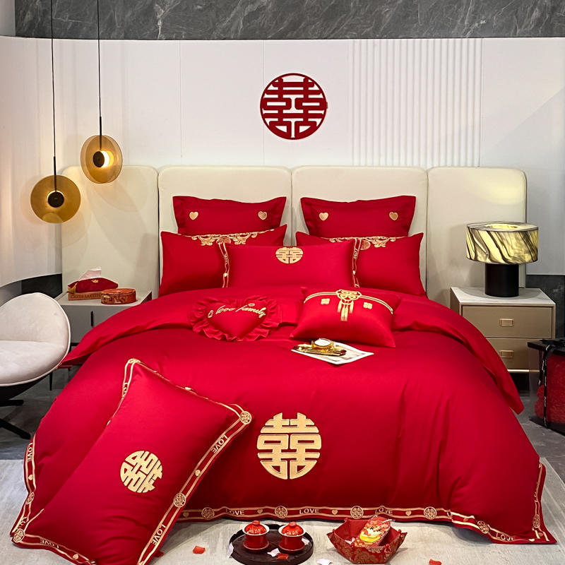 Vierteiliges Set mit Hochzeitsstickerei, rote Hochzeitsbettwäsche, Hochzeitsbettbezug, Bettwäsche, Bettwäsche für das Brautpaar, sechsteiliges Set für das Hochzeitsbett