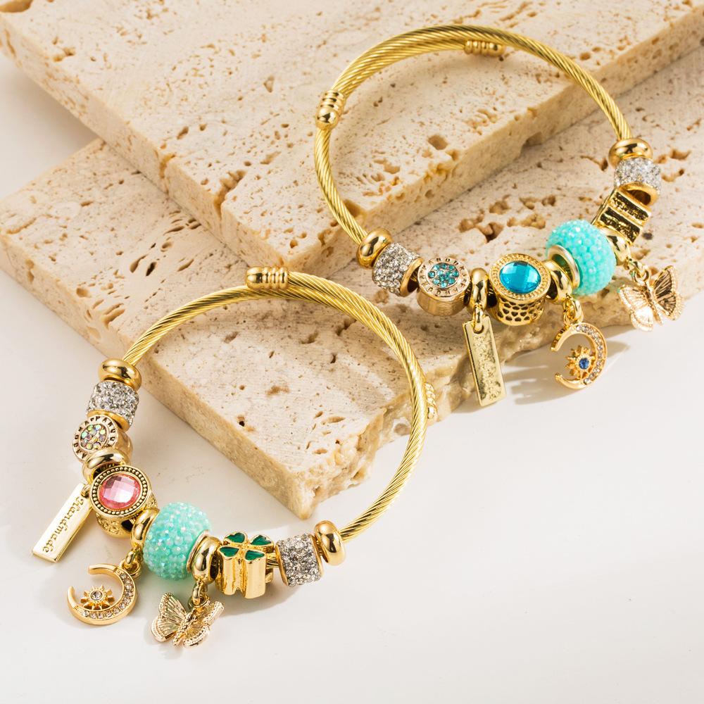 DIY Stainless Steel Beaded Bracelet Moon Butterfly Pendant Versatile Adjustable Couple Bracelet