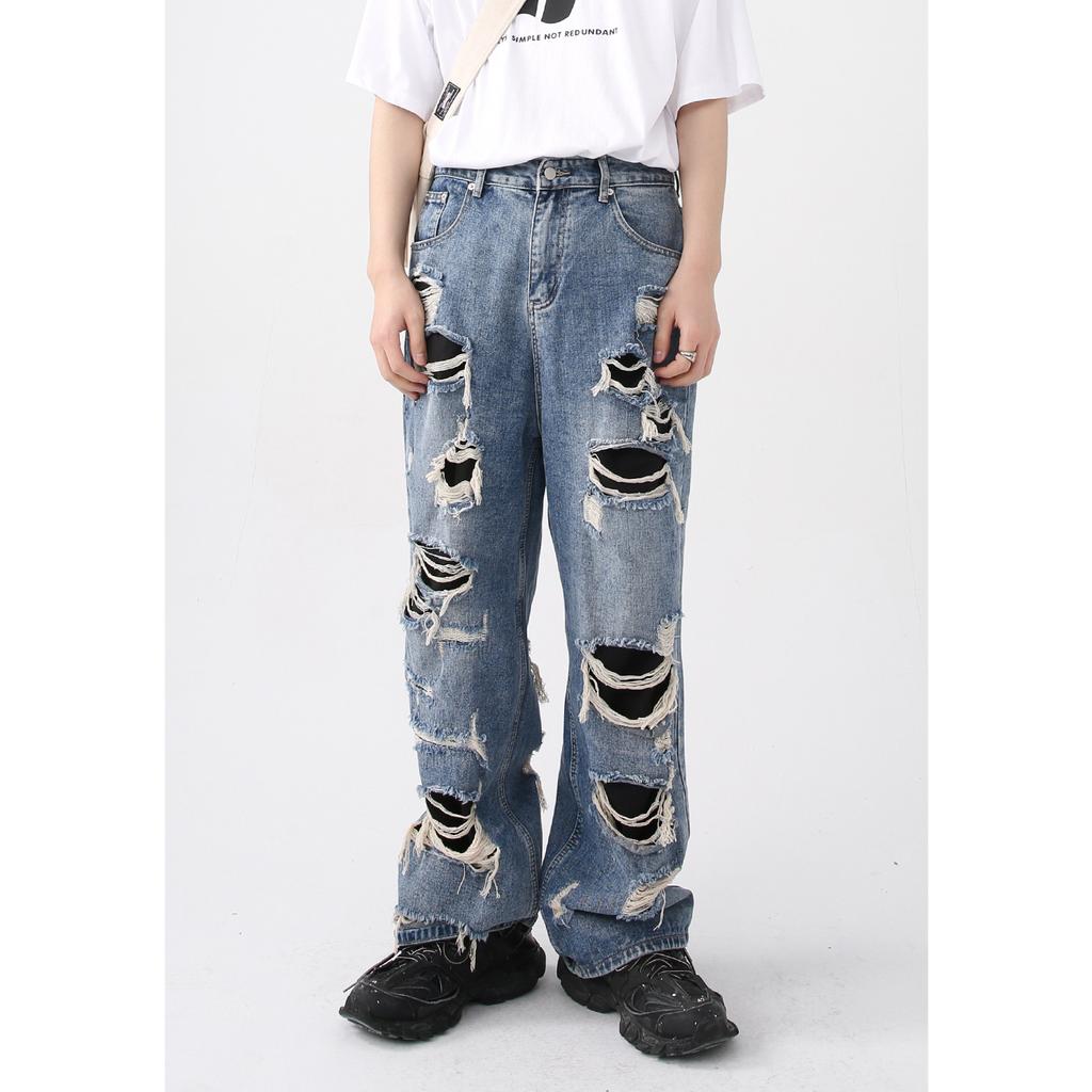 Men's Autumn New Product Retro Street Beggar Hole Patch Straight Leg Jeans for Men