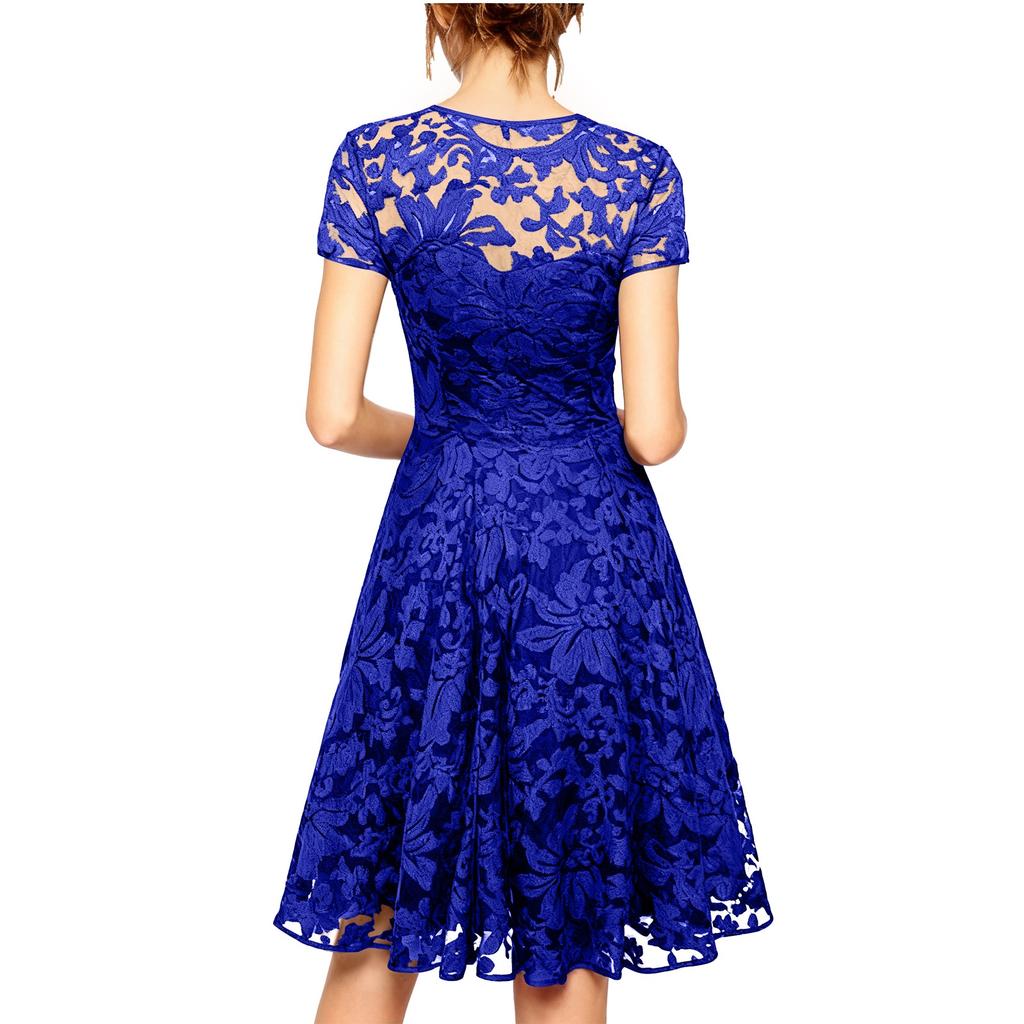 Women's Fashionable Round-neck Short-sleeved Lace-trimmed Dress
