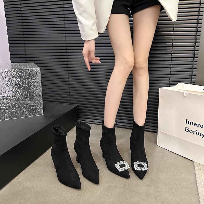 Temperament Large Size Pointed Short Boots Autumn Suede Thin Elastic Boots Thick Heel Rhinestone Metal Buckle Martin Boots