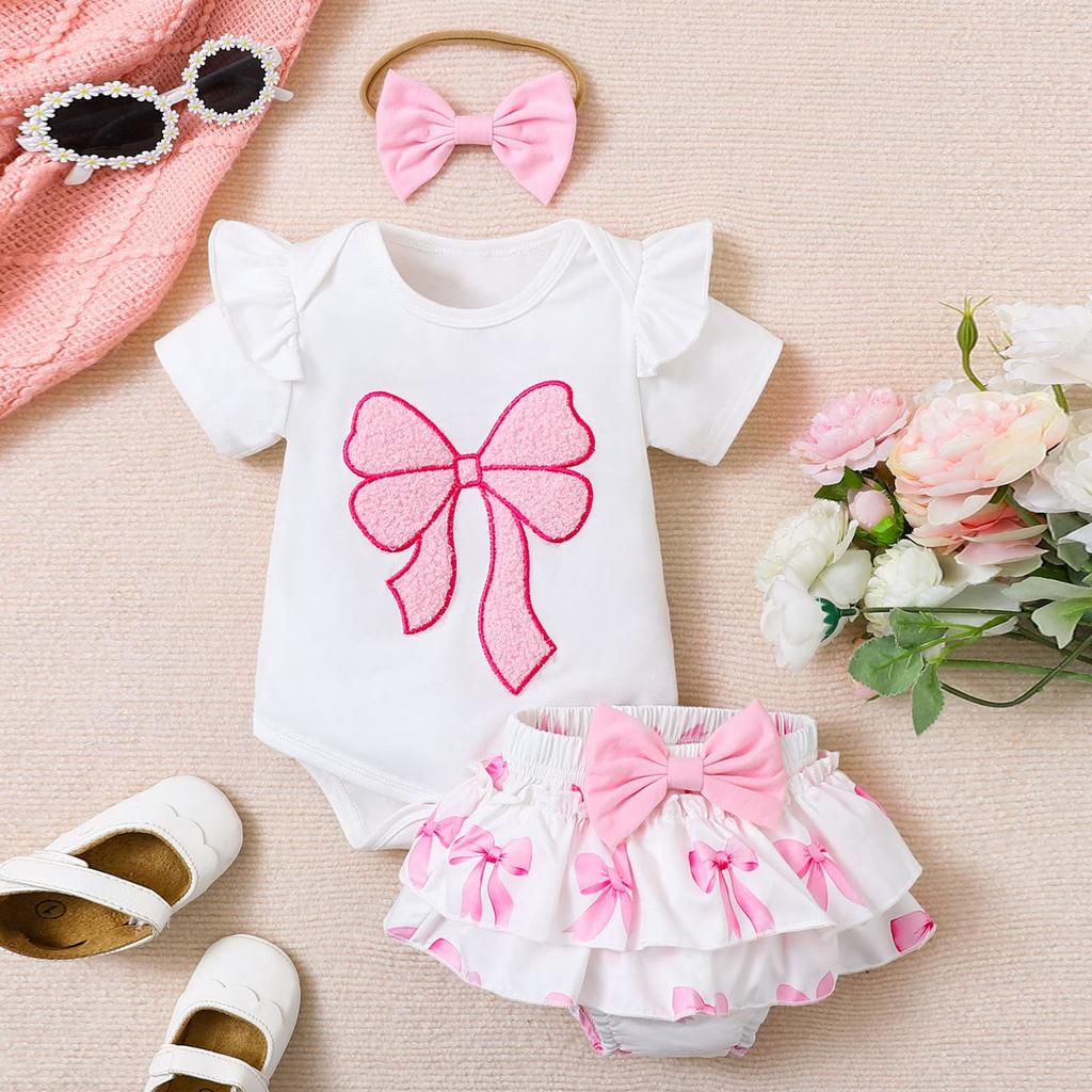 Infant Short Sleeve Bodysuit Romper with Bow Print Ruffle Skirt Bloomers Set and Headband Baby Clothes Outfit for Newborns Toddlers