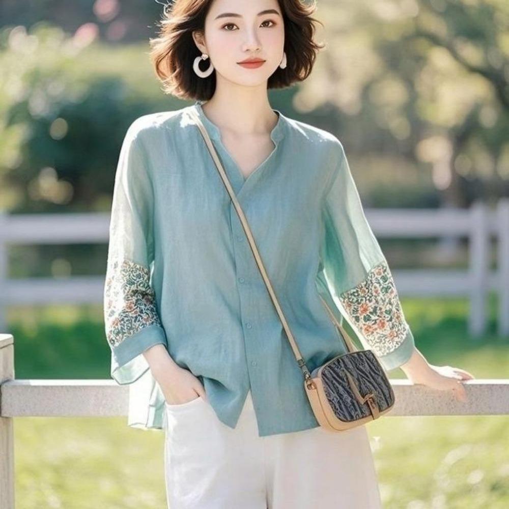 New Unique Commuting Blue Green 3/4 Sleeve Shirt Women's Loose Stylish Top