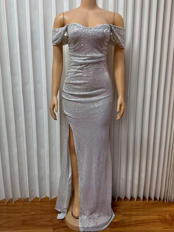 Elegant Sequin Slit One-Shoulder Long Dress - High-End Fashion for Women