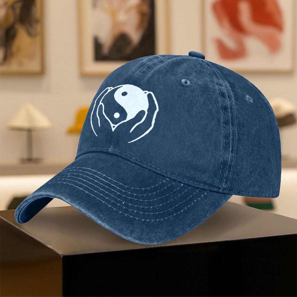 Vintage Washed Baseball Cap with Tai Chi Print for Unisex and Women