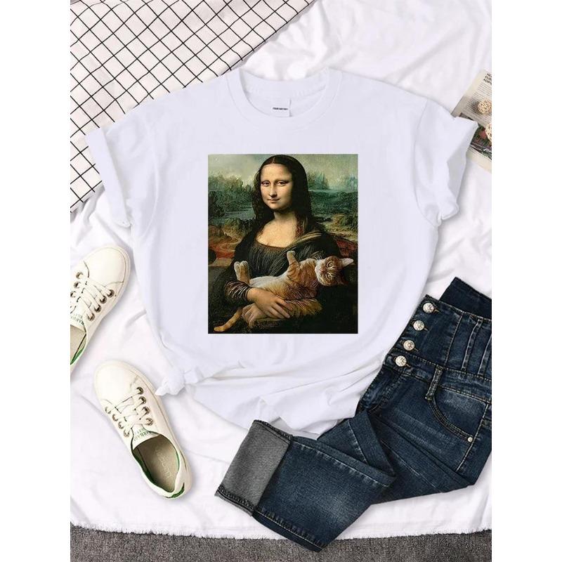 Mona Lisa 3D Printe T-Shirts Funny Cat Lovely Cute Printed Simple T-Shirt