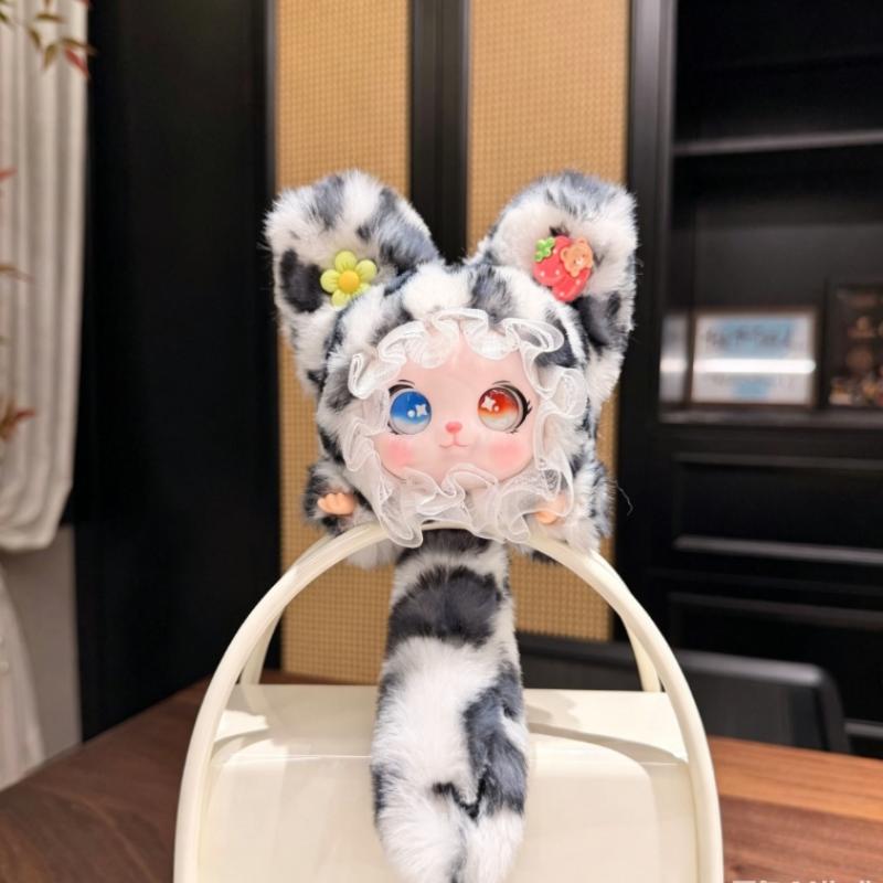 Lace Leopard Print Cat Plush Pendant Adorable Cartoon Design With Soft Tail Backpack Hanging Keychain for Kids Daily Use Small Gift