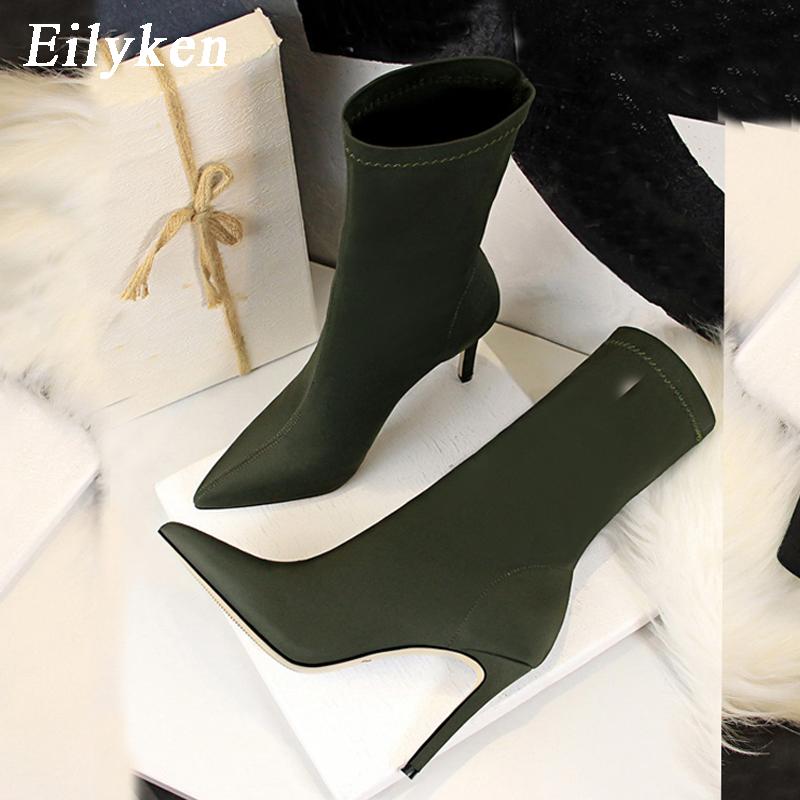Fashion Eilyken Winter Fashion Stretch Fabric Socks Ankle Boots Women Pointed Toe Thin Heels Slip-On Shoes Female Pumps
