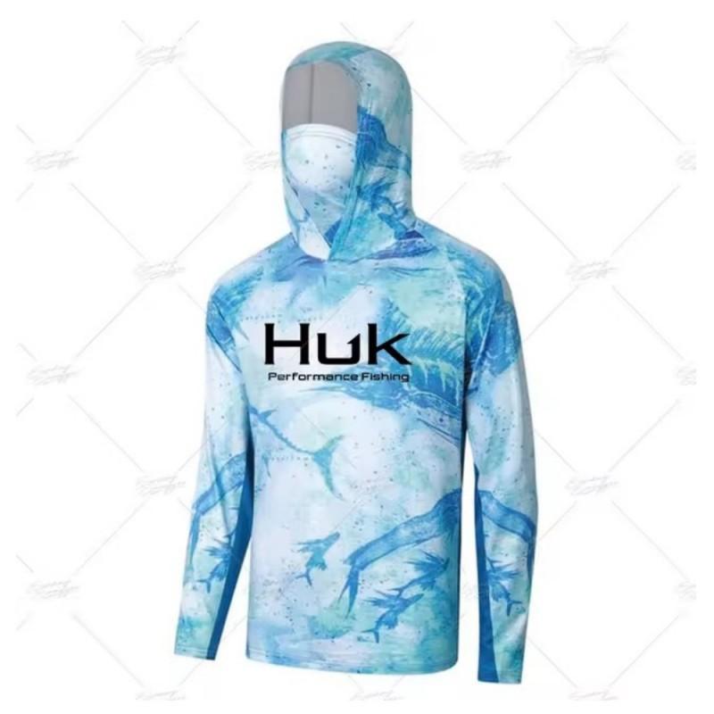 

HUK Fishing Hooded Shirt Mask Anti-ultraviolet Collar Suit Men s Long-sleeved Breathable Quick-drying T-shirt XXL