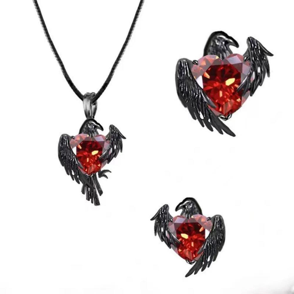 New Black Crow Red Heart Earrings European and American Unique Personality New Gothic Dark Style Jewelry Set Gifts