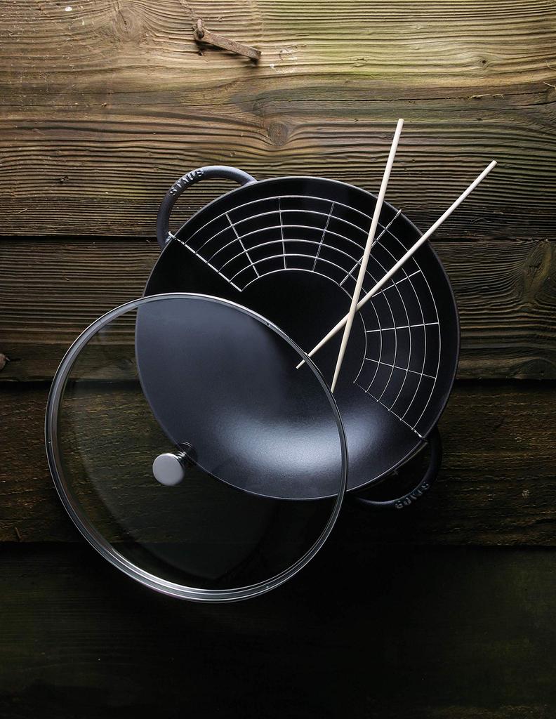 staub 37cm Large Chinese Enamel Pot IH Compatible Japanese With glass lid and tempura grill "Wok Black" Two-Handed [Authorized Product] 40509-398