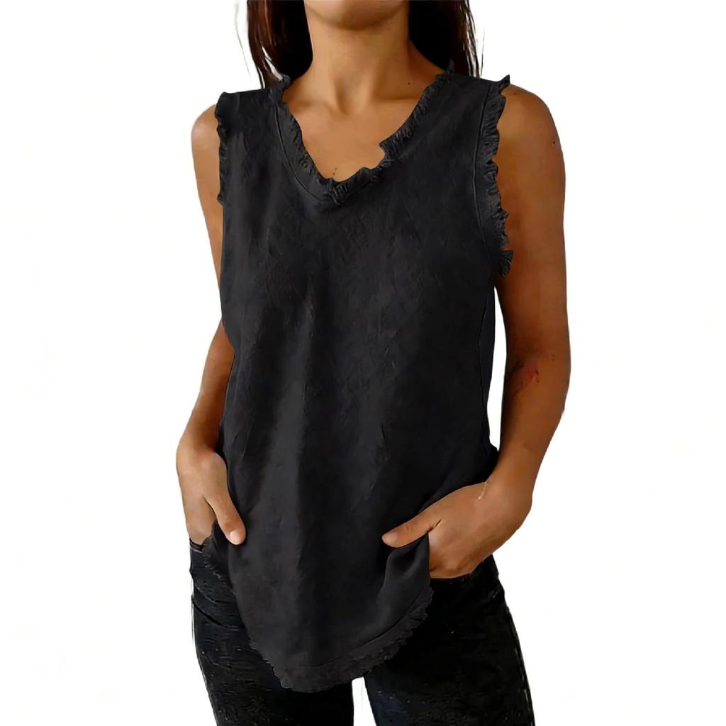 Women's Fashionable Color Round Neck Sleeveless Fringe Patchwork Casual Loose Cotton And Linen Top
