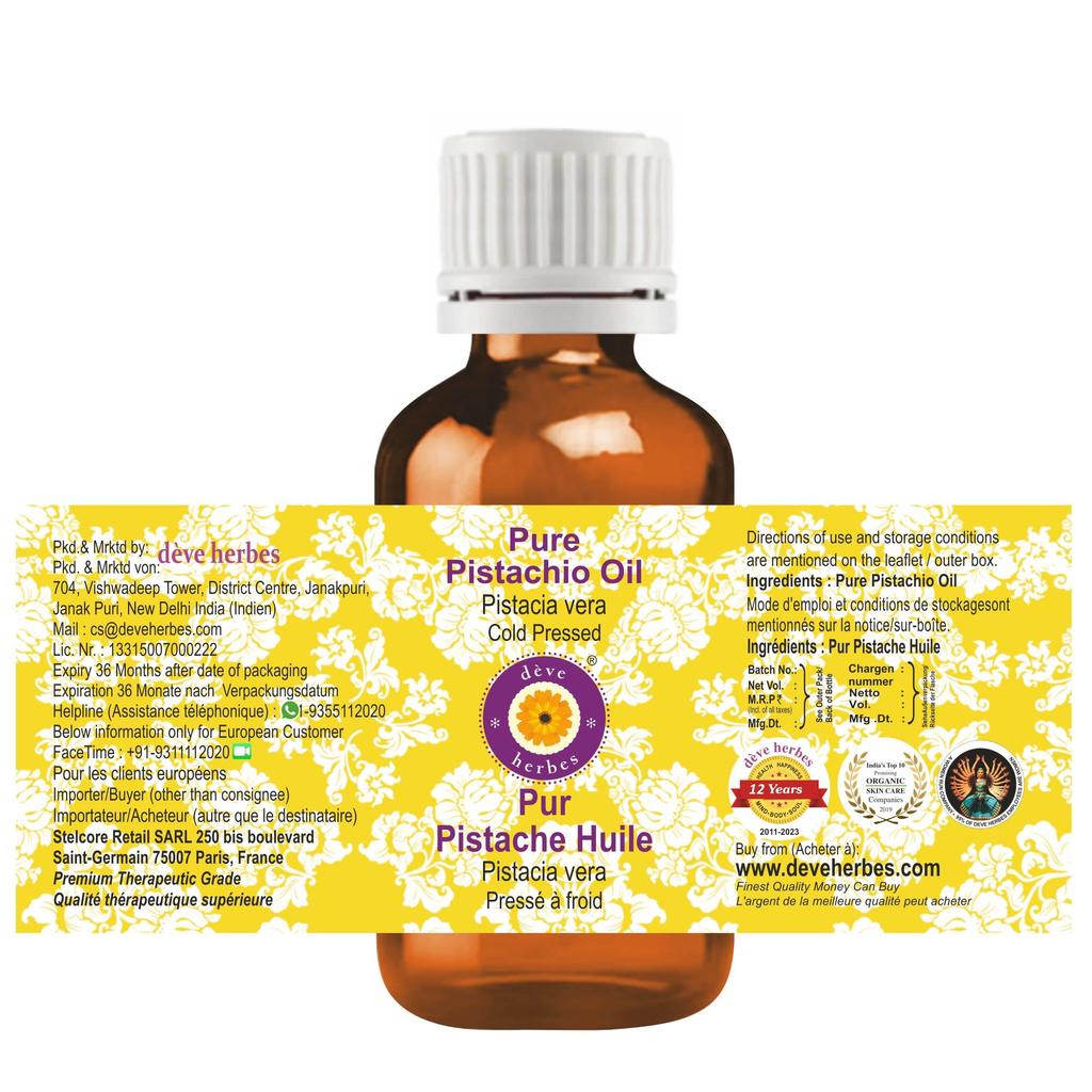 Deve Herbes Pure Pistachio Oil (Pistacia Vera) | Cold Pressed | Natural | Undiluted | For Diluting Essential Oils | For Skin & Massage | Men & Wome
