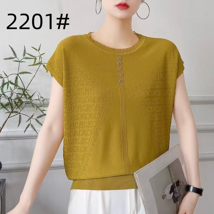 

Women s Loose Jacquard Ice Silk Short Sleeve T-Shirt - Belly Covering, Versatile, Korean Style Knitwear One Size жовтий