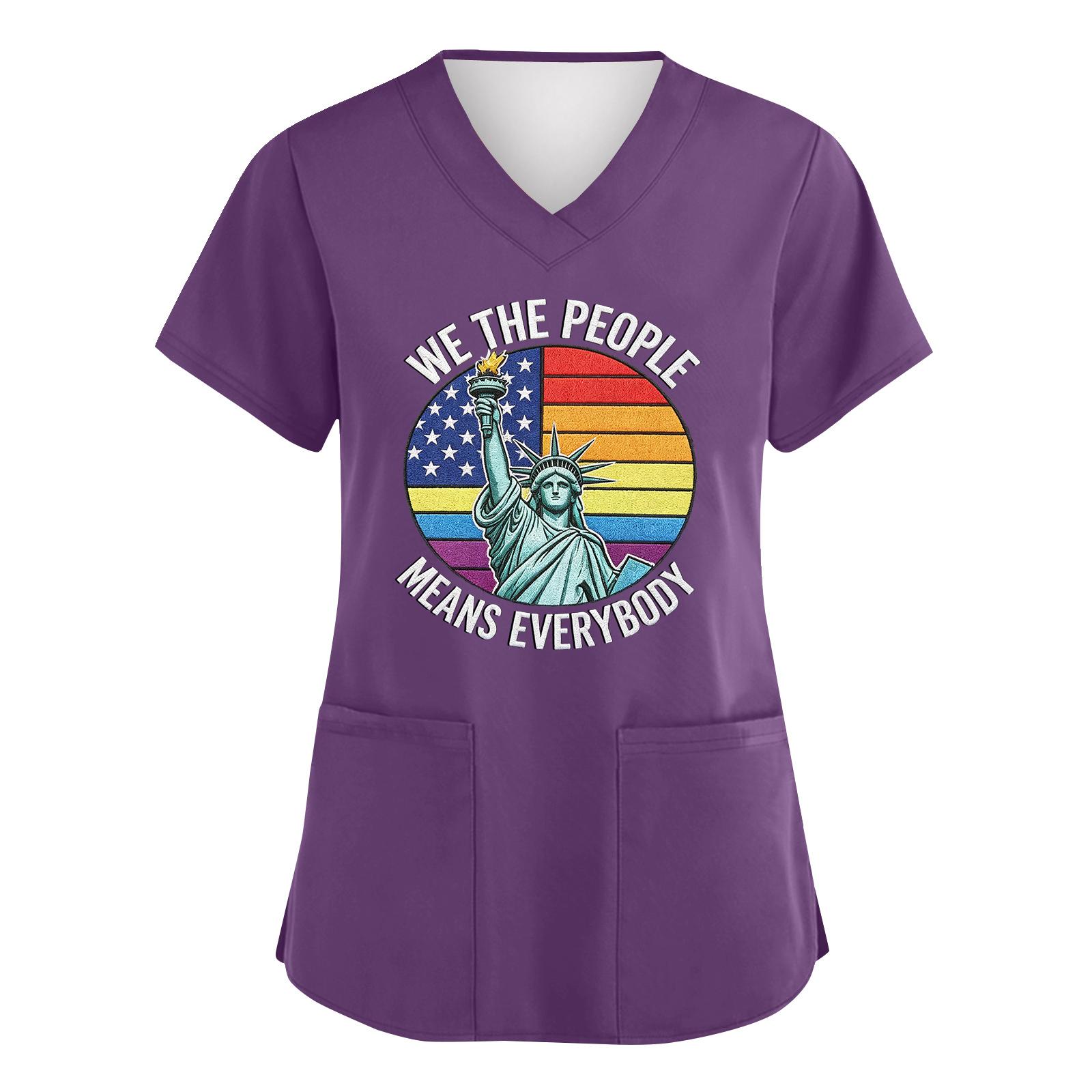 

Women s V Neck Short Sleeve Work Top with Pockets Independence Day Graphic Print Nursing Scrub Shirt Lightweight Comfortable Fit XXL