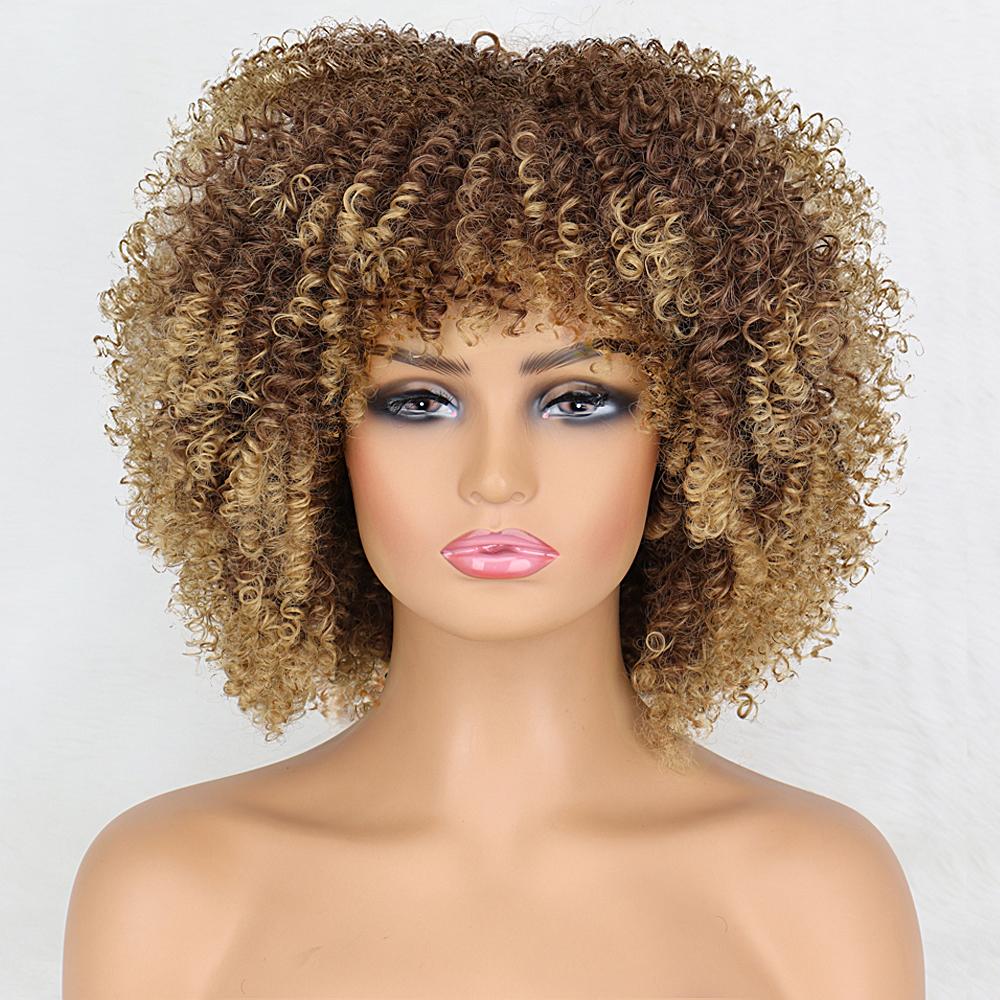 

MISS WIG Короткий вьющийся парик из синтетического термостойкого волокна, черный, коричневый, с челкой, афро-градиентные парики для косплея 14inches