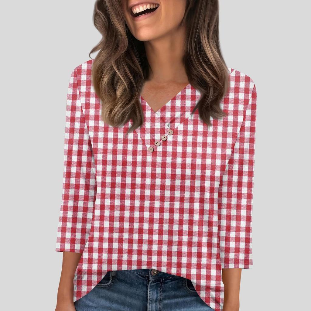 Damen T-Shirt Tee Knopf 3/4 Ärmel Tunika Täglich Wochenende Mode Basic V-Ausschnitt Reguläres Oberteil