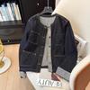 Women's High-End Denim Jacket with Structural Line Design & Roll-Up Sleeves - Short Fit